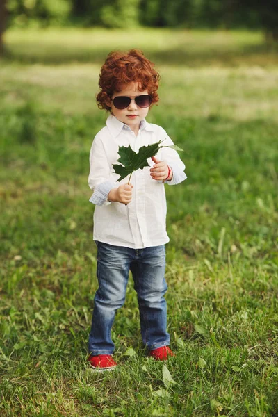 Kleiner Junge mit Ahornblatt — Stockfoto