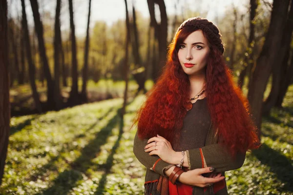 Red haired girl in the forest — Stock Photo, Image