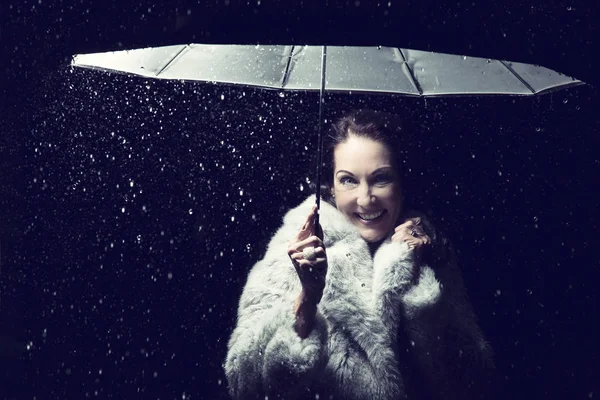 Beautiful woman with fur coat standing in rain under an umbrella