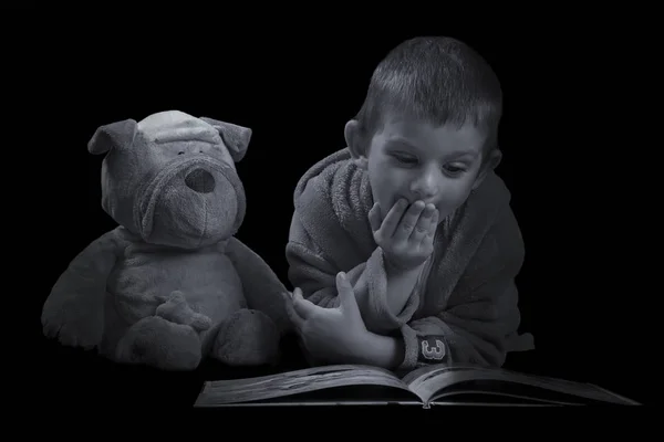 Смішний хлопчик з фаршированою собакою читає книгу для ліжка час у штучному — стокове фото