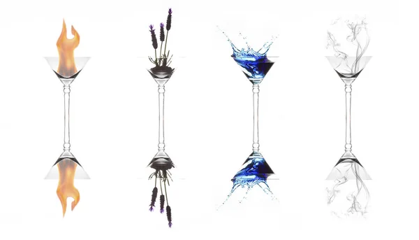 Four elements of fire, plant, water and air in martini glasses w — Stock Photo, Image