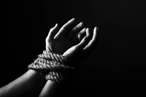 Conceptual Monochrome Image Woman Hands Tied Coarse Rope Selective Lighting Stock Picture