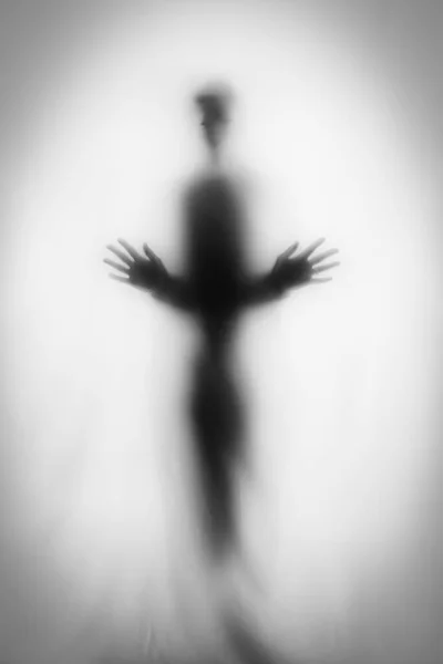 Concept Frightened Woman Sheet Backlighting Monochrome Artistic Conversion — Stock Photo, Image