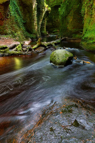 Pequeno Rio Com Água Vermelha Que Flui Através Finnich Glen — Fotografia de Stock