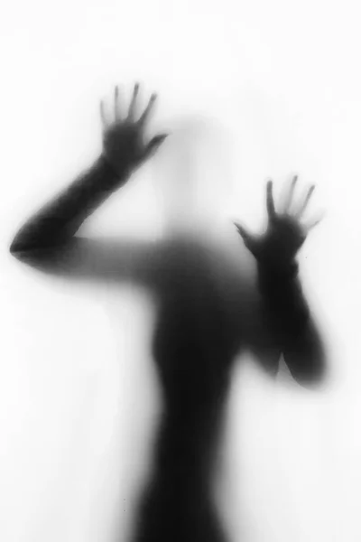 Concept Frightened Woman Sheet Backlighting Monochrome Artistic Conversion — Stock Photo, Image