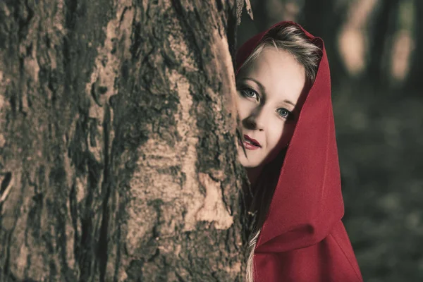 Attraktive Frau Mit Rotkäppchen Versteckt Sich Hinter Einem Baum Einem — Stockfoto