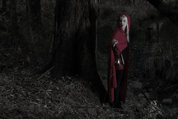 迷人的女人头戴小红帽 头戴灯笼 走在一片漆黑的森林里 — 图库照片