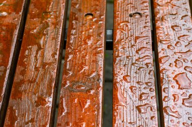 Tahta bir bankta yağmur damlaları. Yakın plan..