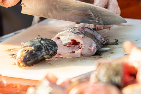 On the table, clean the fish from the scales and remove the entrails. Peeling and fillet of fresh fish that use a knife to clean the fish. Seafood cooking.