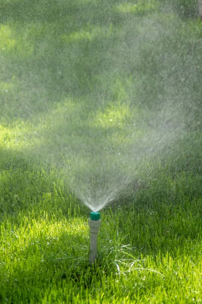 Bevattnings System Vattning Det Gröna Gräset Med Bokeh Bakgrund — Stockfoto