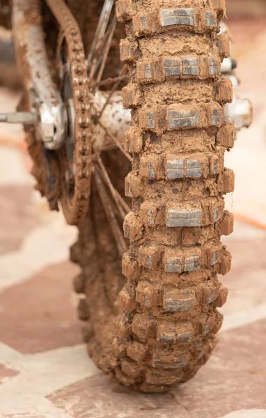 Motorcycle Wheel Mud Clay Closeup Street — Stock Photo, Image