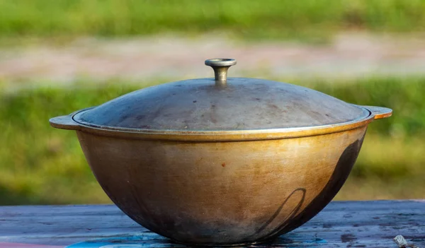 Forged Large Pot Table Cooking — Stock Photo, Image