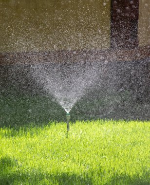 Sulama sistemi bokeh arka plan ile yeşil çim sulama.