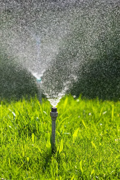 Bevattnings System Vattning Det Gröna Gräset Med Bokeh Bakgrund — Stockfoto