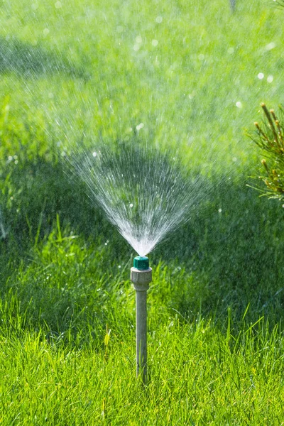 Irrigation System Watering Green Grass Bokeh Background — Stock Photo, Image