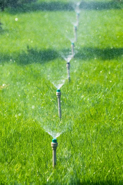 Irrigation System Watering Green Grass Bokeh Background — Stock Photo, Image