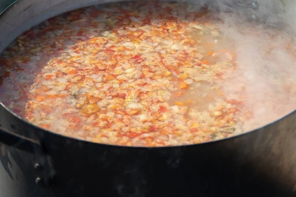 Fischsuppe Auf Dem Scheiterhaufen Kochen — Stockfoto