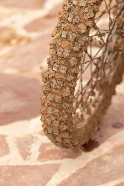 Motorcycle Wheel Mud Clay Closeup Street — Stock Photo, Image