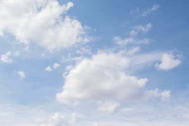 Beyaz bulutlarla mavi gökyüzü. Yaz günü açık. Mükemmel masaüstü duvar kağıdı.