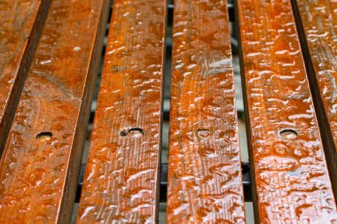 Tahta bir bankta yağmur damlaları. Yakın plan..