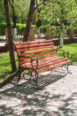 Tahta park tezgahı bahar manzarası.