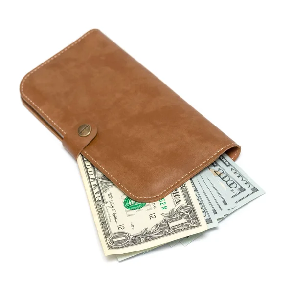 Leather Wallet Money White Background — Stock Photo, Image