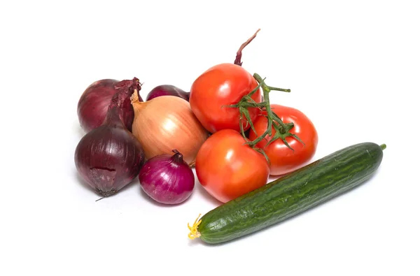 Tomate Pepino Cebolla Aislado Sobre Fondo Blanco — Foto de Stock