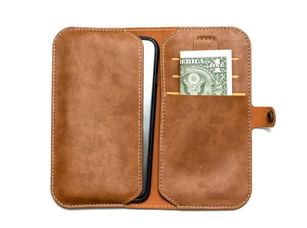 Läder Plånbok Med Pengar Vit Bakgrund — Stockfoto