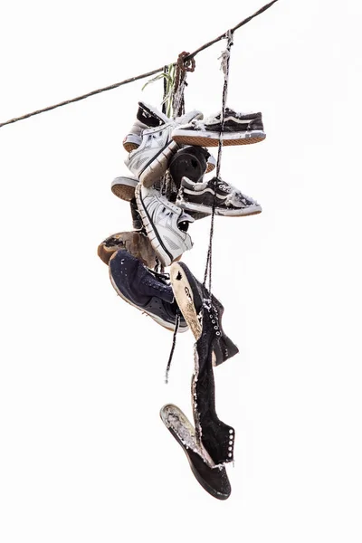 Old Shoes Hanging Wires Sky — Stock Photo, Image