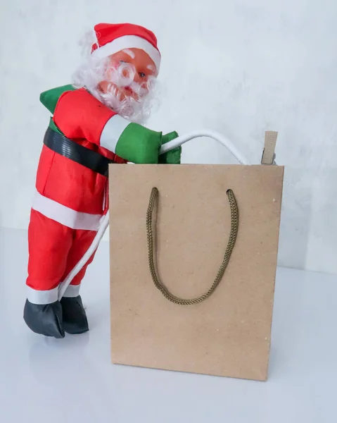 Paper Bag Gray Cardboard Packaging White Background Gift Bag Santa — Stock Photo, Image