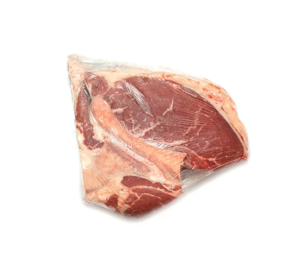 Pedaço Carne Crua Fresca Com Osso Sobre Fundo Branco — Fotografia de Stock