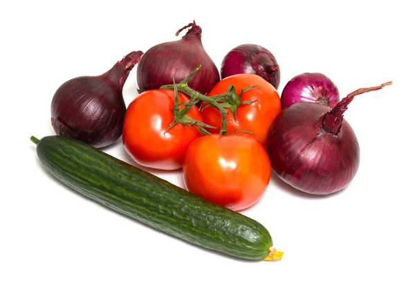 Tomato Cucumber Onion Isolated White Background — Stock Photo, Image