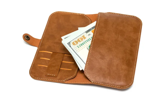 Leather Wallet Money White Background — Stock Photo, Image