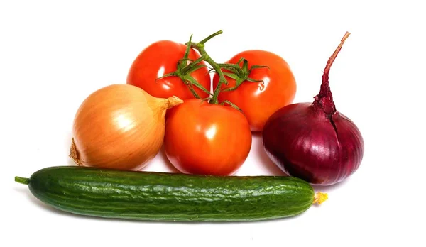 Tomate Pepino Cebolla Aislado Sobre Fondo Blanco — Foto de Stock