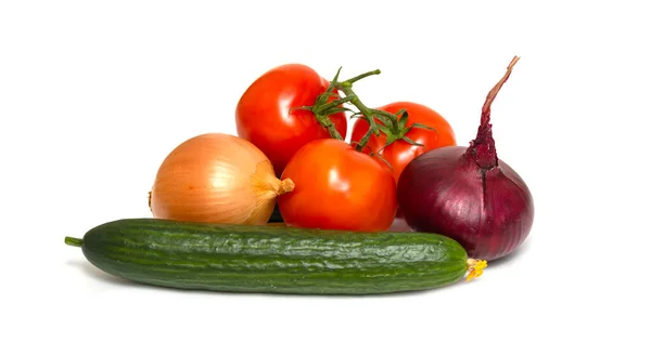 Tomate Gurke Zwiebel Isoliert Auf Weißem Hintergrund — Stockfoto