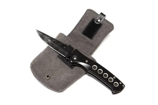 Cuchillo Plegable Metal Con Funda Sobre Fondo Blanco — Foto de Stock