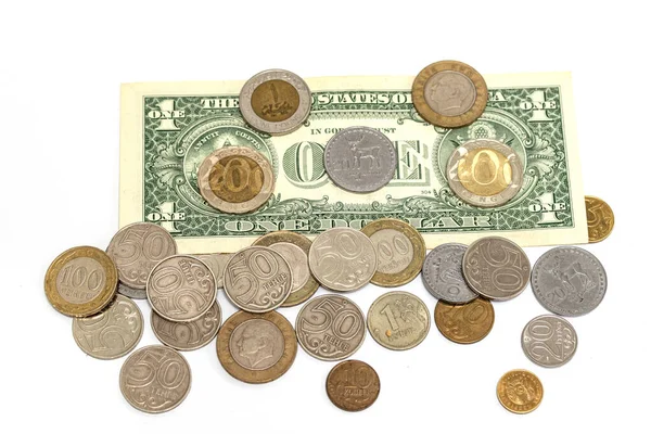 Χρήματα Λευκό Φόντο Πληθωρισμός Δολάριο Τεντζ Καζακστάν — Φωτογραφία Αρχείου