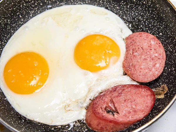 Uova Fritte Con Salsiccia Gourmet Colazione Cibo — Foto Stock