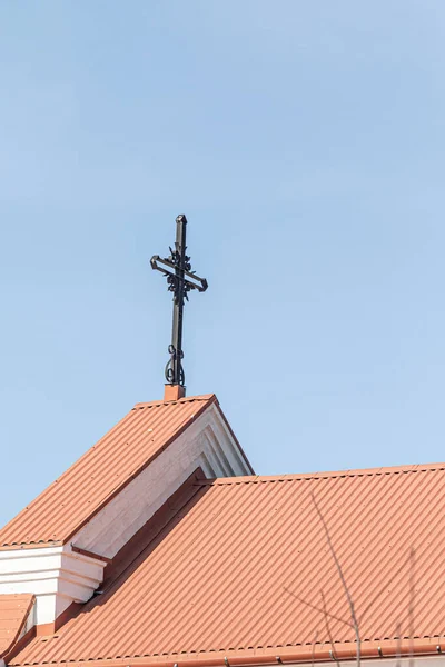 Catholic Cross White Roof Blue Sky — Stock Photo, Image
