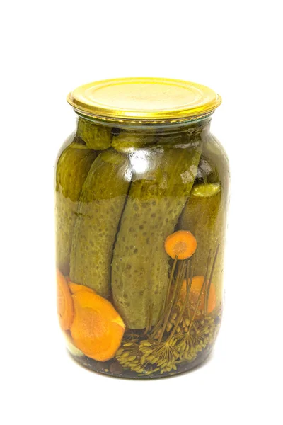 Glasburk Pickles Med Gurkor Vit Bakgrund — Stockfoto