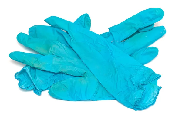 Χρησιμοποιημένα Μπλε Γάντια Από Καουτσούκ Λευκό Φόντο — Φωτογραφία Αρχείου