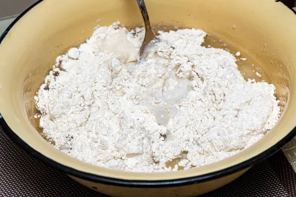 Preparation Dough Milk Flour Sugar Stir Spoon — Stock Photo, Image