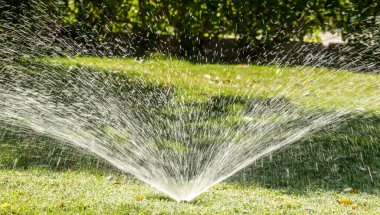 Sulama Sistemi Yeşil çimenleri suluyor, bulanık arkaplan