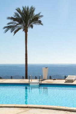 Denize bakan güzel bir havuz, mavi gökyüzünün arka planı, su. Lüks tropikal plajlar. Deniz Burnu Dinlenme Konsepti.