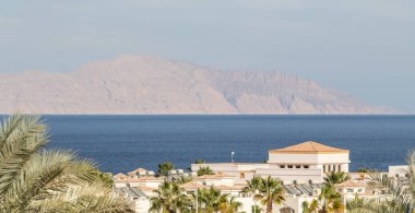 Mısır, Sharm El Sheikh, sahil kıyısı, palmiye ağaçları, evler, gökyüzüne karşı binalar.