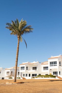 Sharm el Sheikh, Mısır - 28 Ocak 2020: Mısır 'da beyaz villalar. Deniz, havuz, mavi gökyüzünün arka planında plaj. Lüks evlerde deniz tatili.