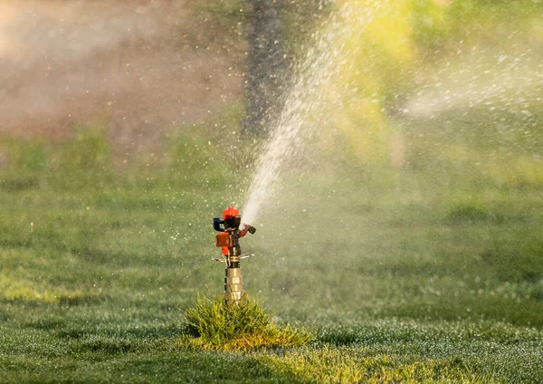 Irrigation System Watering Green Grass Blurred Background — Stock Photo, Image