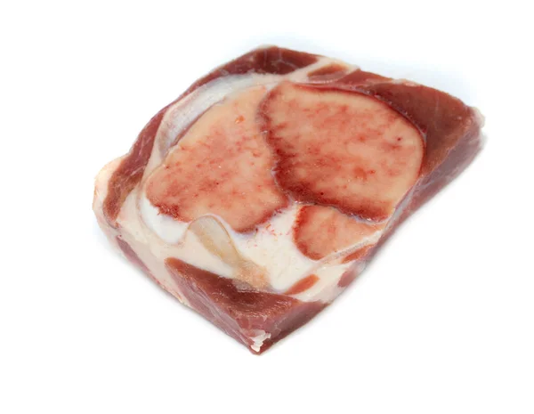 Pedaço Carne Crua Congelada Com Osso Sobre Fundo Branco — Fotografia de Stock