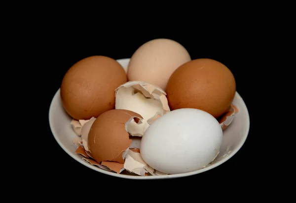 Eggs Shells Plate Black Background — Stock Photo, Image