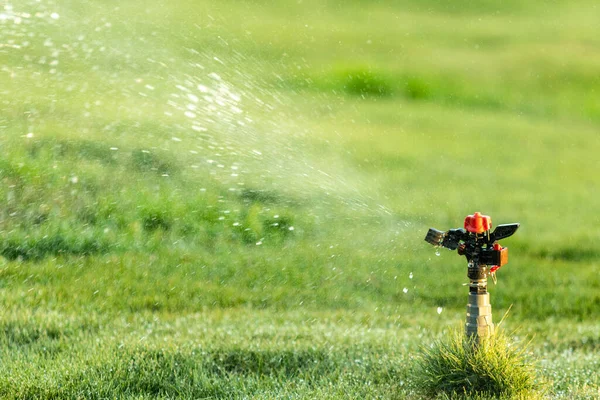 Bewässerungssystem Bewässerung Des Grünen Grases Verschwommener Hintergrund — Stockfoto